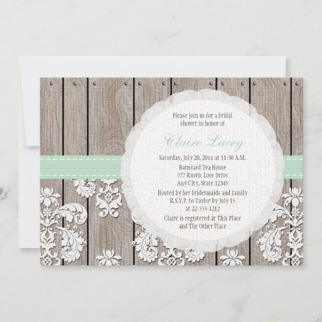 Mint Wood Lace Rustic Bridal Shower Invitations (Front)