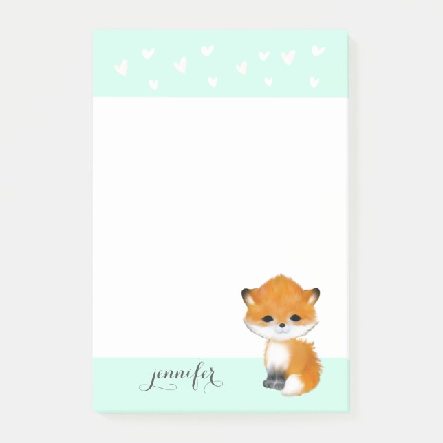Mint Woodland Fox Heart Post it Note (Front)