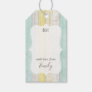 Mint & Yellow Boho Geo Wood Pattern Personalised Gift Tags