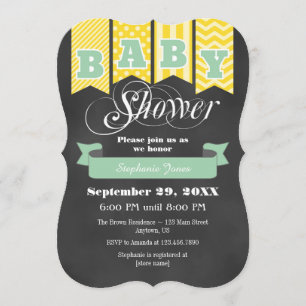 Mint Yellow Chalkboard Flag Baby Shower Invite