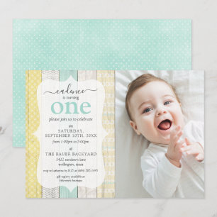 Mint & Yellow Cottage Rustic Wood Geometric Photo  Invitation