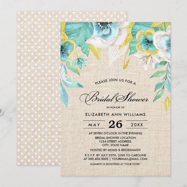 Mint Yellow Floral Burlap Texture Bridal Shower Invitation (Front/Back)