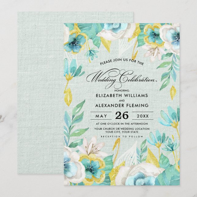 Mint Yellow Floral Burlap Wedding Invitation (Front/Back)
