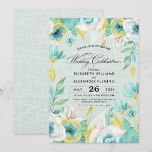 Mint Yellow Floral Burlap Wedding Invitation