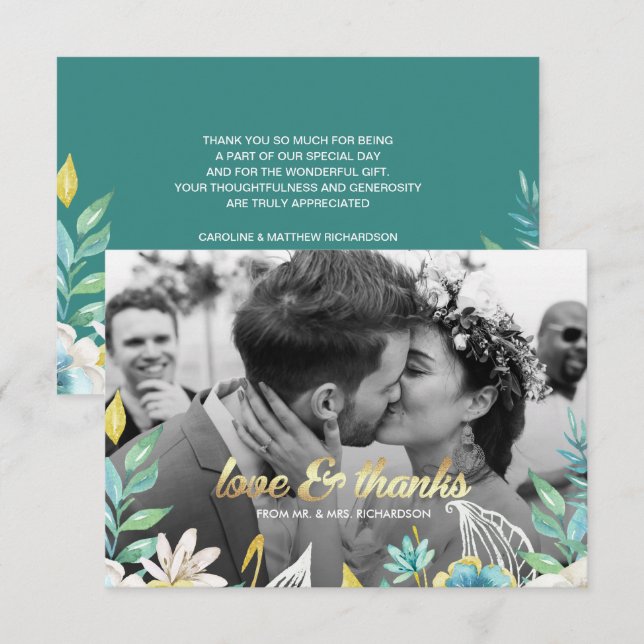 Mint Yellow Floral Thank You Wedding Photo Card (Front/Back)