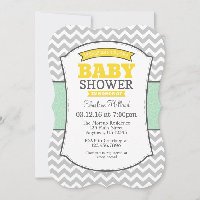 Mint Yellow Grey Chevron Baby Shower Invitation (Front)