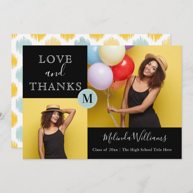 Mint & Yellow Monogram Photo Thank You Graduation Announcement (Front/Back)