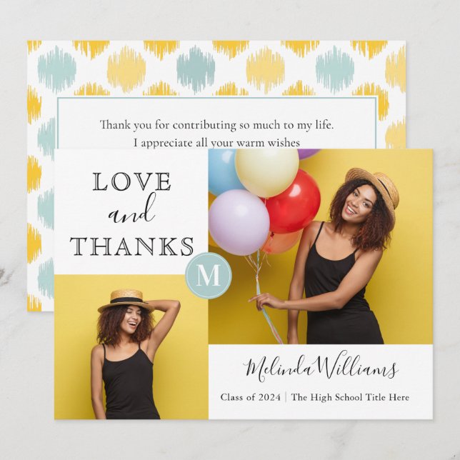 Mint & Yellow Monogram Photo Thank You Graduation Announcement (Front/Back)