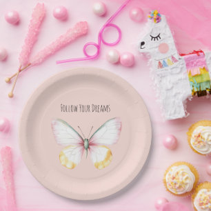 Mint Yellow Pink Teal Butterfly Blush Birthday Paper Plate
