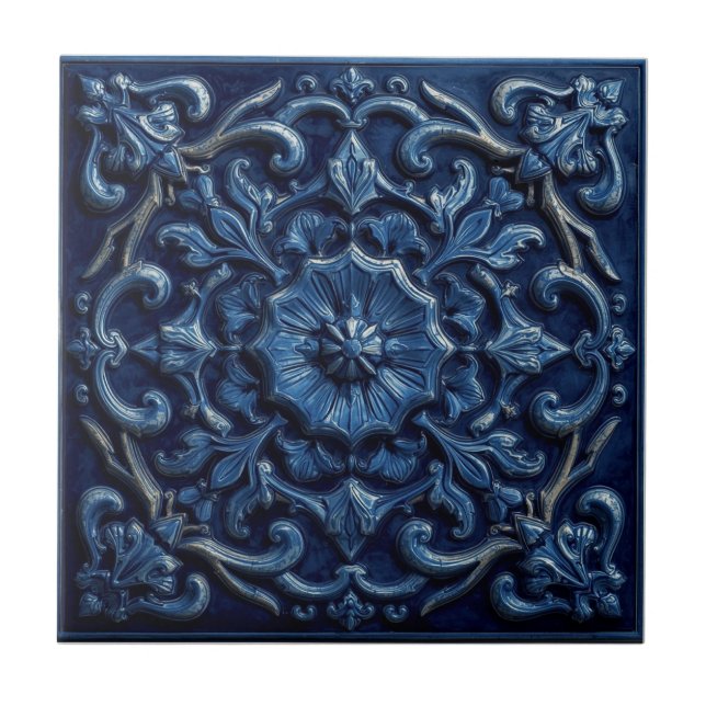 Minton Victorian Faux Relief Blue Reproduction Tile (Front)