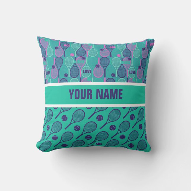 Minty and purple tennis rackets with your name cushion (Front)