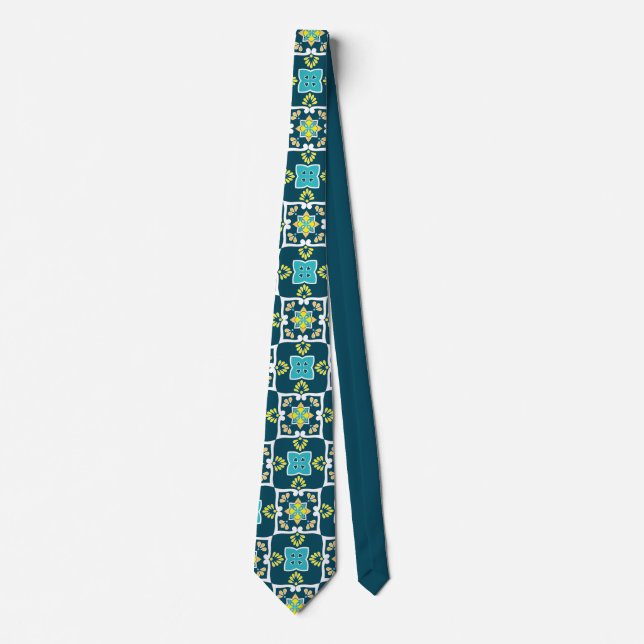 Minty and teal Azulejos with yellow elements  Neck Tie (Front)
