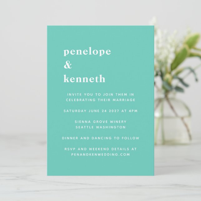 Minty Aqua Teal Minimalist Summer Coastal Wedding Invitation (Standing Front)