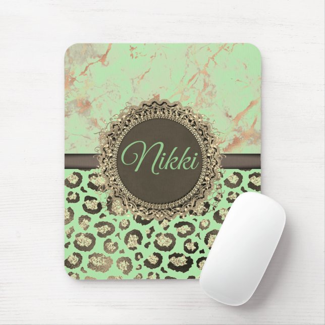 Minty Green Marble Glittery Leopard Custom      Mouse Mat (With Mouse)