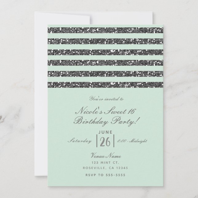 Minty Mint Green & Silver Glitter Stripes Party Invitation (Front)