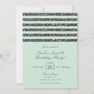 Minty Mint Green & Silver Glitter Stripes Party Invitation