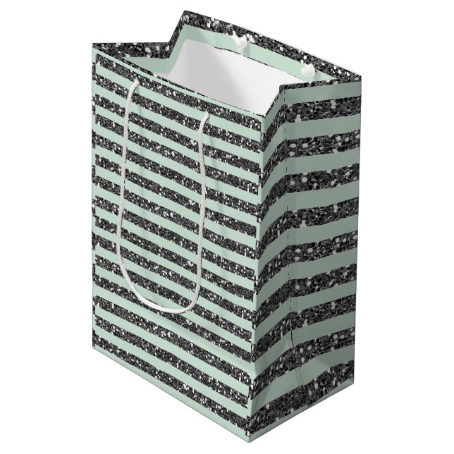 Minty Mint Green & Silver Glitter Stripes Party Medium Gift Bag (Front Angled)