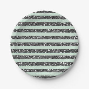 Minty Mint Green & Silver Glitter Stripes Party Paper Plate