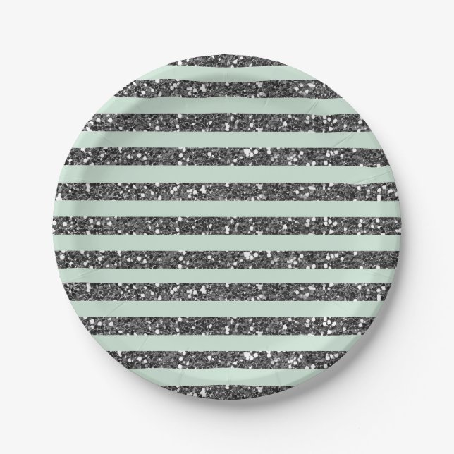 Minty Mint Green & Silver Glitter Stripes Party Paper Plate (Front)