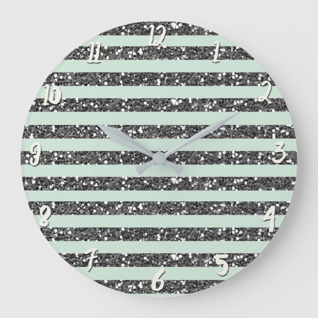 Minty Mint Green & Silver Glitter Stripes Sparkle Large Clock (Front)