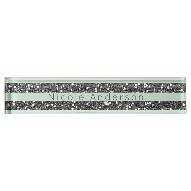 Minty Mint Green & Silver Glitter Stripes Sparkle Nameplate (Front)