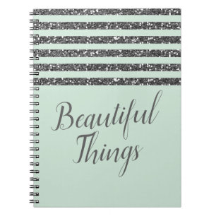 Minty Mint Green & Silver Glitter Stripes Sparkle Notebook