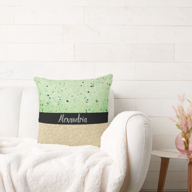 Minty Terrazzo Gold Sparkly Personalised Cushion (Couch)