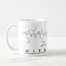 Mug featuring the name Mira spelled out in the single letter amino acid code
