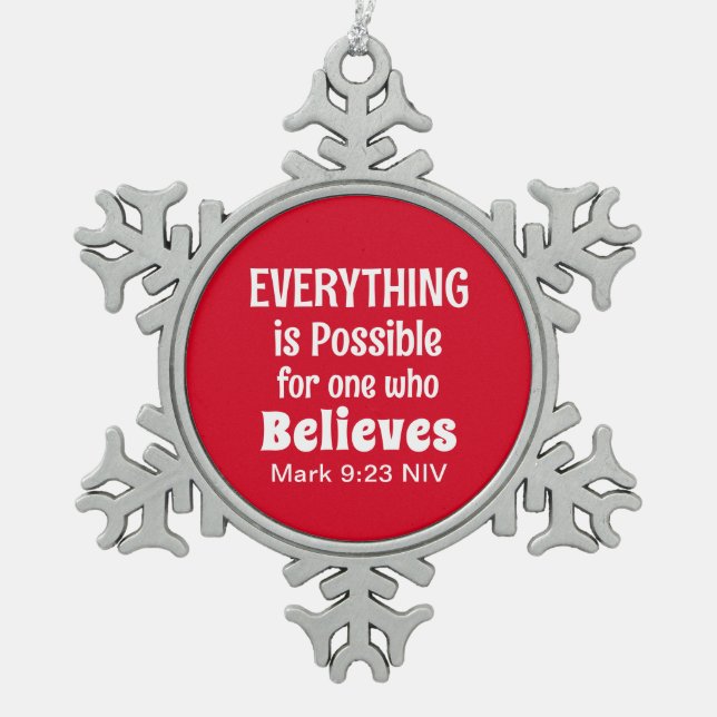 Miracle Bible Verse Christian Faith Red  Snowflake Pewter Christmas Ornament (Front)