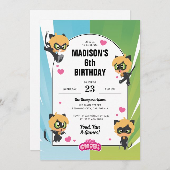 Miraculous Cat Noir Chibi Birthday Invitation (Front/Back)
