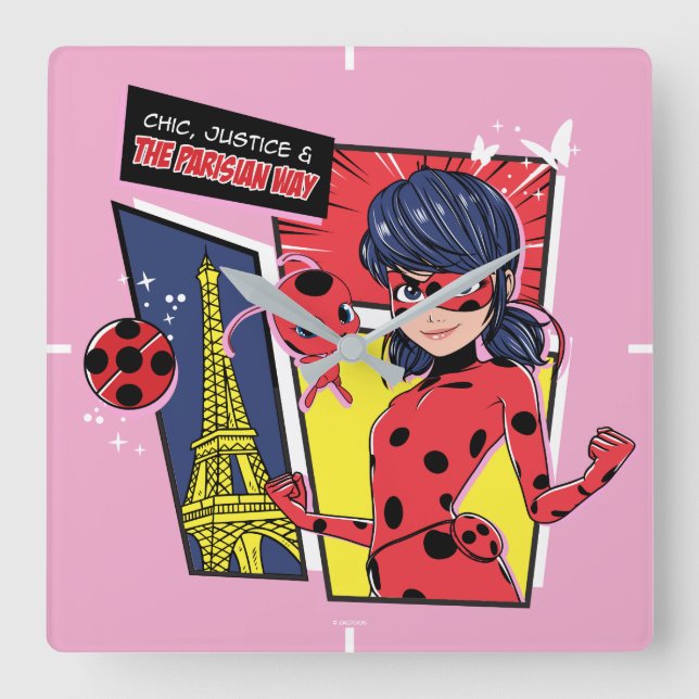 Miraculous Comic Ladybug Parisian Way Square Wall Clock (Front)