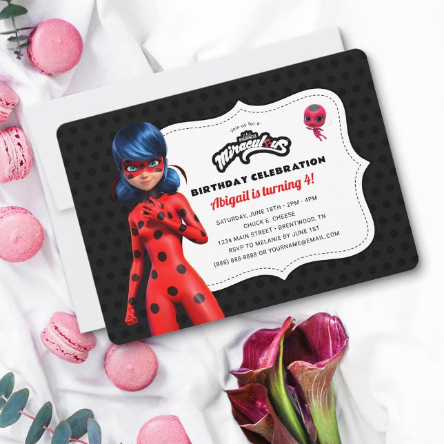 Miraculous Ladybug Birthday Invitation (Invitation with macarons and flowers)