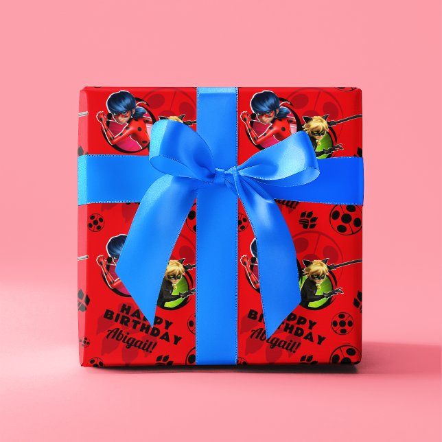 Miraculous Ladybug & Cat Noir Birthday Wrapping Paper (Wrapping paper on gift)