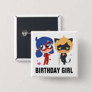 Miraculous  Ladybug & Cat Noir Chibi Birthday Girl 15 Cm Square Badge