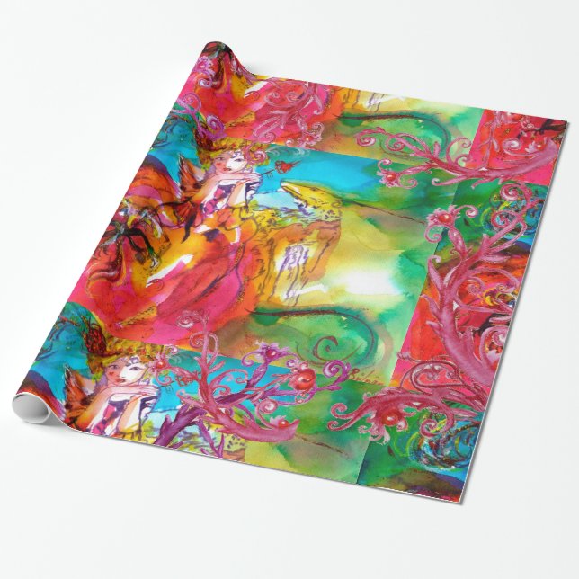 MIRANDOLINA ,RED PURPLE  FLORAL SWIRLS WRAPPING PAPER (Unrolled)