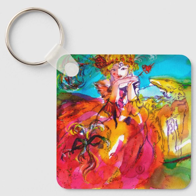 MIRANDOLINA WITH DOG/ Venetian Masquerade Masks Key Ring (Front)