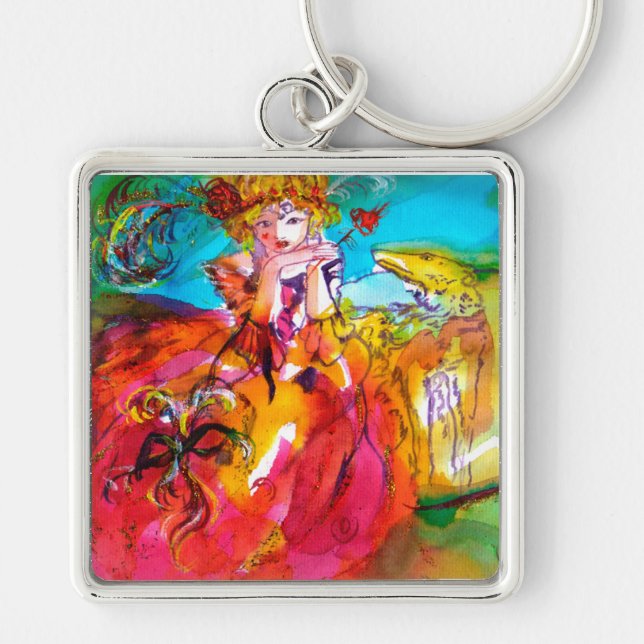 MIRANDOLINA WITH DOG/ Venetian Masquerade Masks Key Ring (Front)