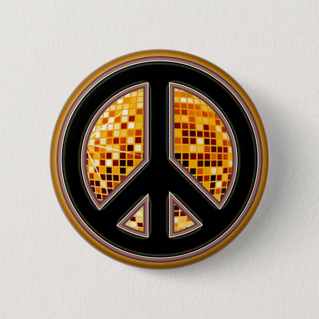 MIRROR BALL PEACE SIGN 6 CM ROUND BADGE (Front)