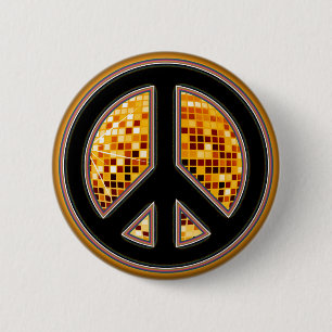 MIRROR BALL PEACE SIGN 6 CM ROUND BADGE