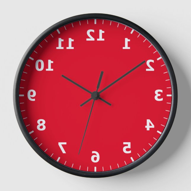Mirror Image Clock - Red Backward Numbers Clock (Front)