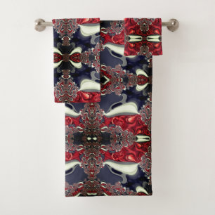 Mirror image generating repeated shape, over white bath towel set