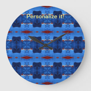 Mirrored and tiled blue, black, red design large clock