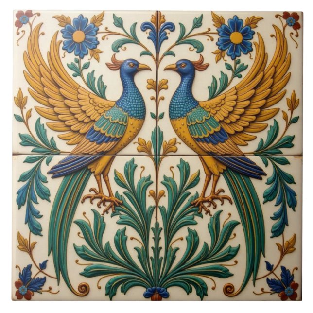 Mirrored Peacocks Coaster Ceramic Tile (Front)