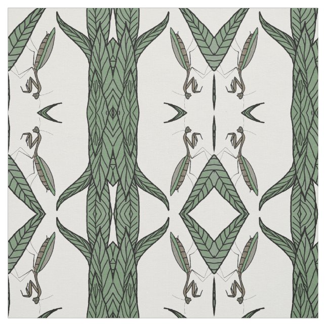 Mirrored Praying Mantis On Green Leaves Fabric (Swatch)