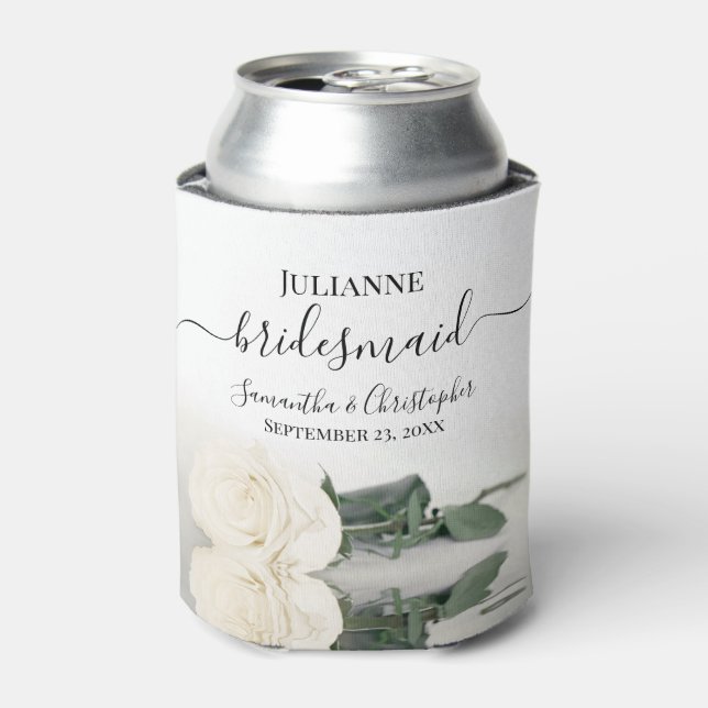 Mirrored White Rose Elegant Bridesmaid Wedding Can Cooler (Can Front)