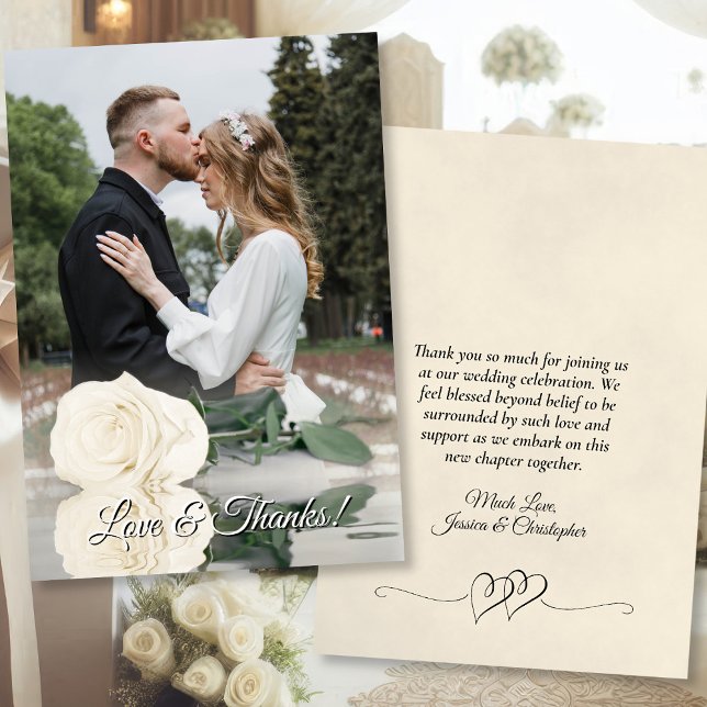 Mirrored White Rose Elegant Wedding Photo Overlay Thank You Card (Front/Back)
