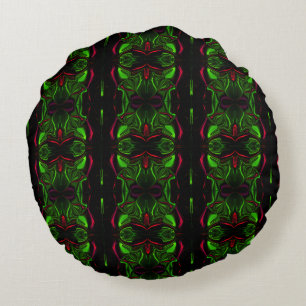 Mirroring curved red strokes on green background round cushion