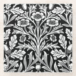 Mirrors's Acorns and Oak Leaves Black & White Glass Coaster