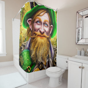 Mirthful Green and Gold St Patrick Day Leprechaun Shower Curtain