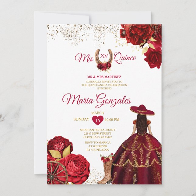 Mis Quince 15 Anos Red Roses Gold Crown Glitter Invitation (Front)